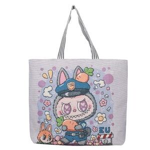 XLarge Embroidery Labubu Tote Bag-Cute Cartoon Bunny & Carrot Zipper Tote Bag